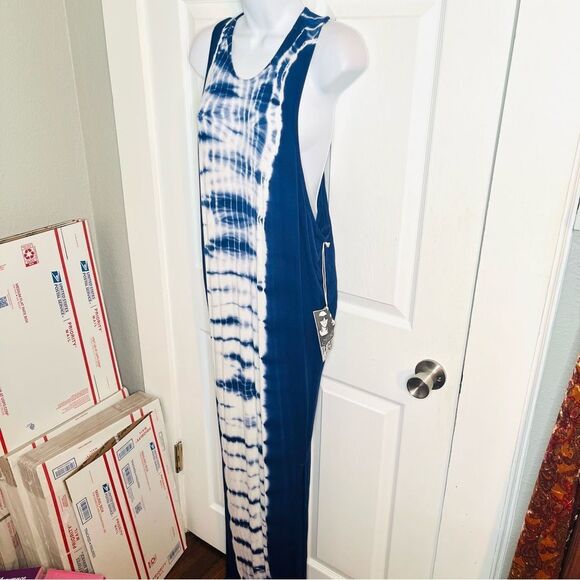 Young Fabulous & Broke Tie Dye Racerback Draped Armholes Maxi Dress Blue M NWT - Picture 3 of 8